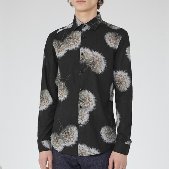 REISS Apache - Mens Dandelion Print Organic Cotton Shirt in Black Slim Fit Sz L - Picture 3 of 11